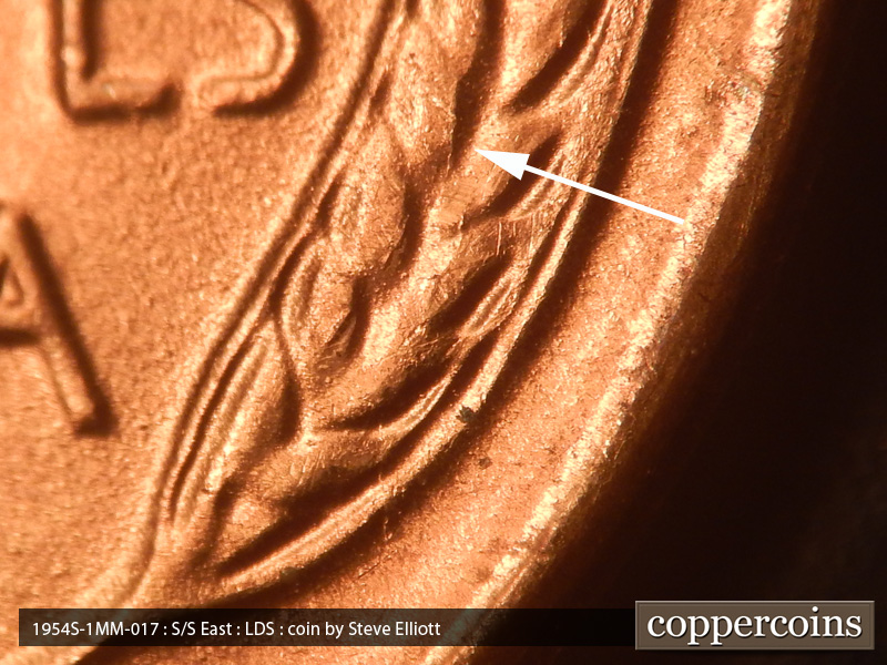 Die-stage C marker on 1954S•1MM•017 (1954 Repunched Mint Mark).