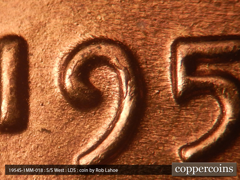 Die-stage C marker on 1954S•1MM•018 (1954 Repunched Mint Mark).