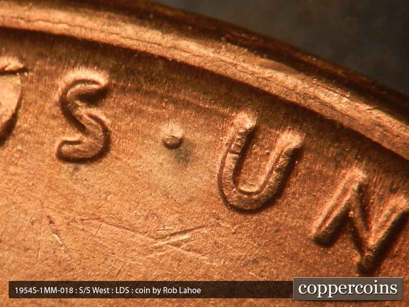 Die-stage C marker on 1954S•1MM•018 (1954 Repunched Mint Mark).