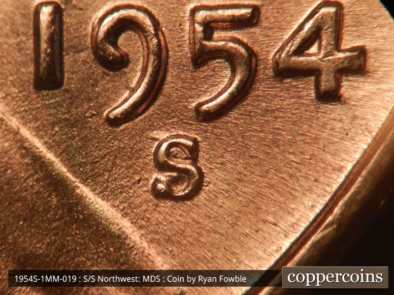 Die-stage B marker on 1954S•1MM•019 (1954 Repunched Mint Mark).