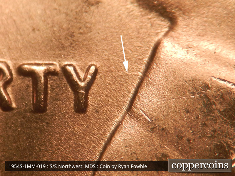 Die-stage B marker on 1954S•1MM•019 (1954 Repunched Mint Mark).