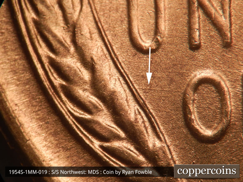 Die-stage B marker on 1954S•1MM•019 (1954 Repunched Mint Mark).