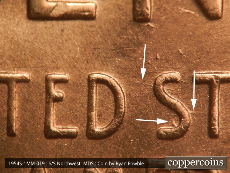 Die-stage B marker on 1954S•1MM•019 (1954 Repunched Mint Mark).