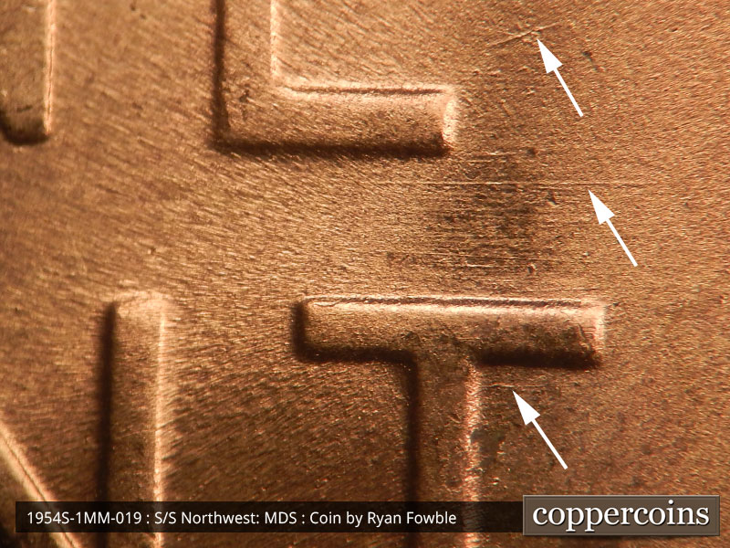 Die-stage B marker on 1954S•1MM•019 (1954 Repunched Mint Mark).