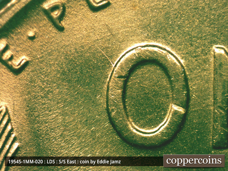 Die-stage C marker on 1954S•1MM•020 (1954 Repunched Mint Mark).