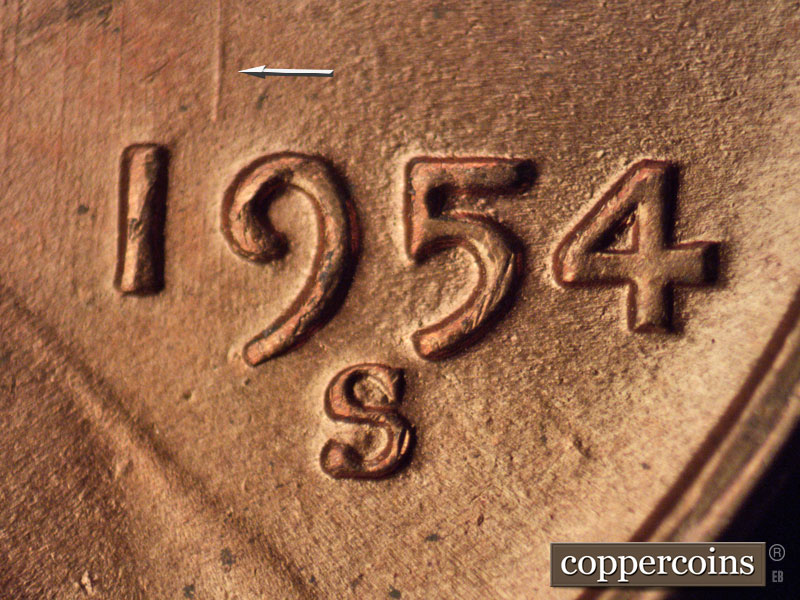 1954 Lincoln cent obverse, CopperCoins die 1954S•1MM•021.