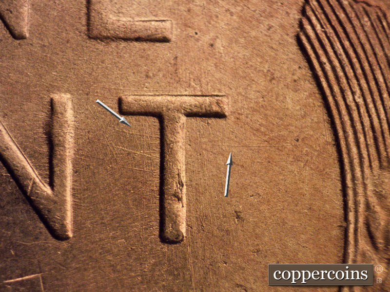 Die-stage B marker on 1954S•1MM•021 (1954 Repunched Mint Mark).