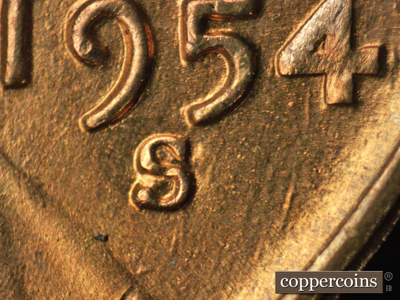 1954 Lincoln cent obverse, CopperCoins die 1954S•1MM•022.
