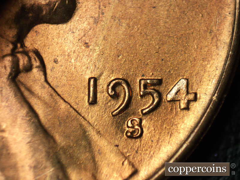 Die-stage B marker on 1954S•1MM•022 (1954 Repunched Mint Mark).