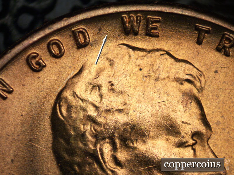 Die-stage B marker on 1954S•1MM•022 (1954 Repunched Mint Mark).