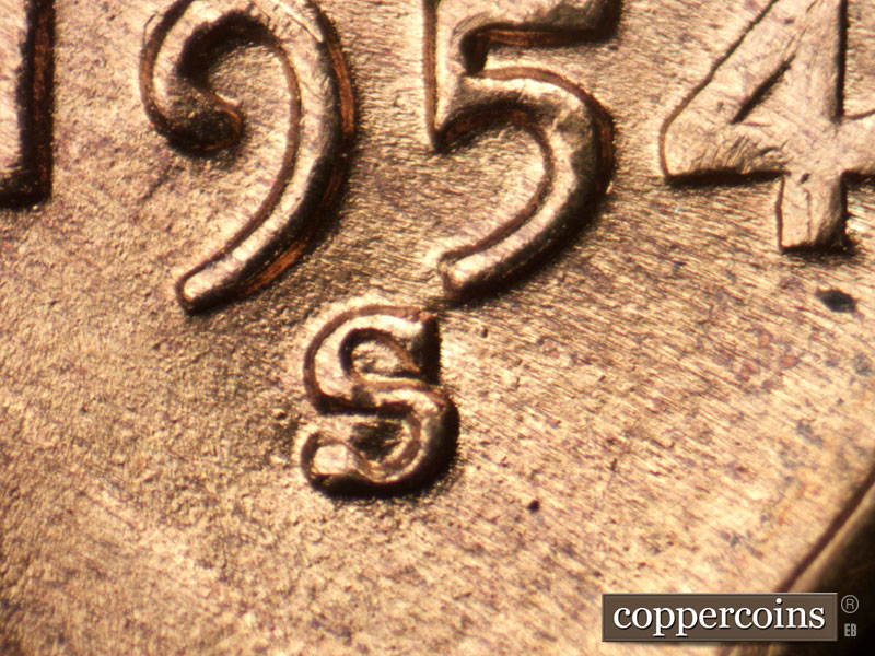 1954 Lincoln cent obverse, CopperCoins die 1954S•1MM•023.