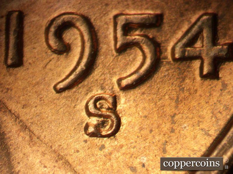 1954 Lincoln cent obverse, CopperCoins die 1954S•1MM•024.