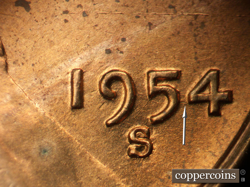 Die-stage B marker on 1954S•1MM•024 (1954 Repunched Mint Mark).