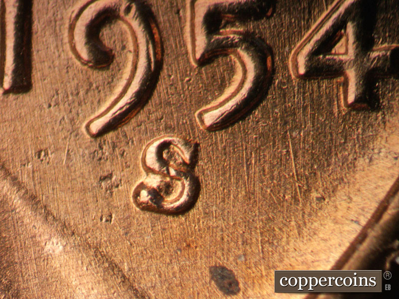 1954 Lincoln cent obverse, CopperCoins die 1954S•1MM•025.