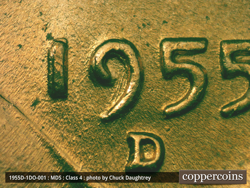 Die-stage B marker on 1955D•1DO•001 (1955 Doubled Die Obverse).
