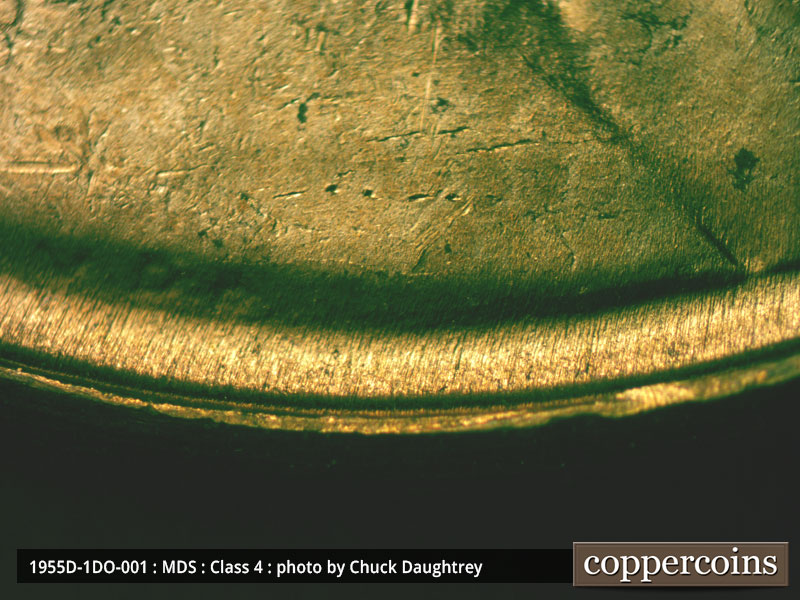 Die-stage B marker on 1955D•1DO•001 (1955 Doubled Die Obverse).