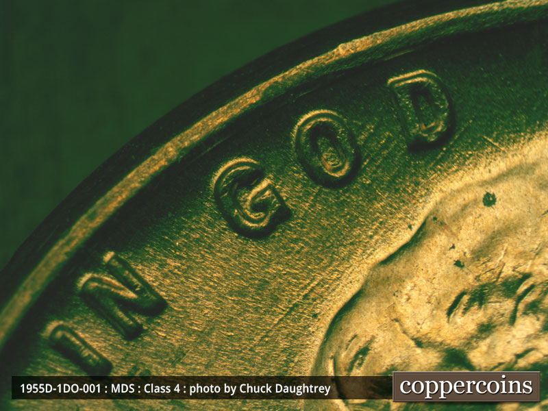 Die-stage B marker on 1955D•1DO•001 (1955 Doubled Die Obverse).