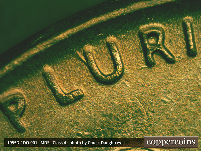 Die-stage B marker on 1955D•1DO•001 (1955 Doubled Die Obverse).