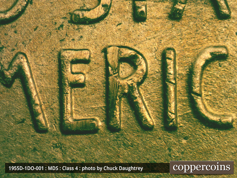 Die-stage B marker on 1955D•1DO•001 (1955 Doubled Die Obverse).