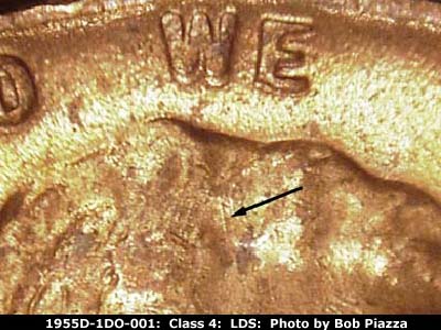 Die-stage C marker on 1955D•1DO•001 (1955 Doubled Die Obverse).