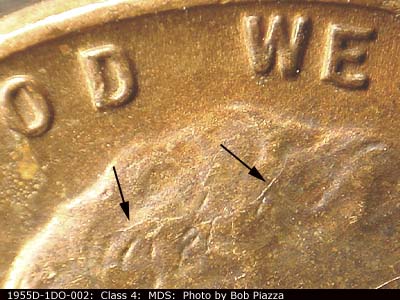Die-stage B marker on 1955D•1DO•002 (1955 Doubled Die Obverse).
