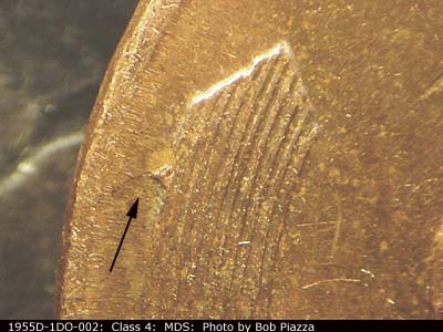 Die-stage B marker on 1955D•1DO•002 (1955 Doubled Die Obverse).