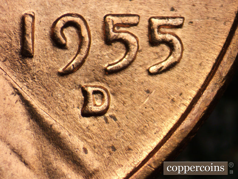 Die-stage B marker on 1955D•1DO•003 (1955 Doubled Die Obverse).