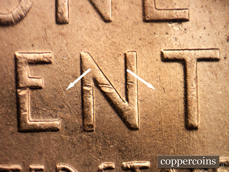 Die-stage B marker on 1955D•1DO•003 (1955 Doubled Die Obverse).