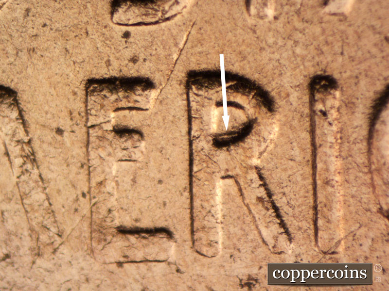 Die-stage B marker on 1955D•1DO•003 (1955 Doubled Die Obverse).