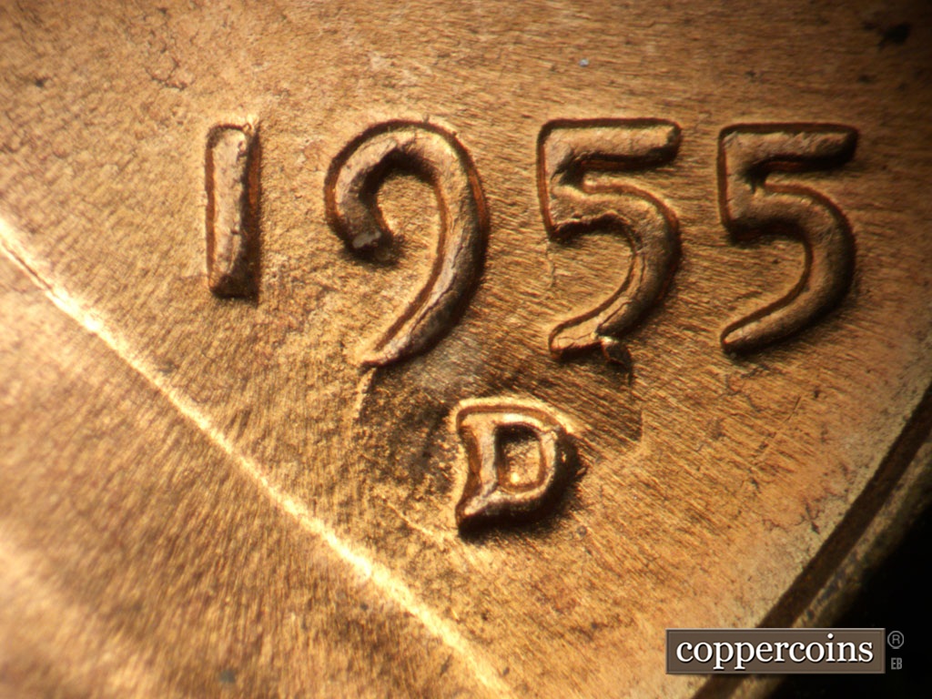 Die-stage C marker on 1955D•1DO•003 showing Die failing around mint mark. Die cracks on 9 and 5 in date.