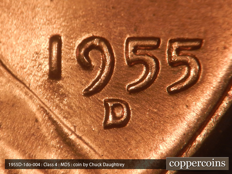 Die-stage B marker on 1955D•1DO•004 (1955 Doubled Die Obverse).