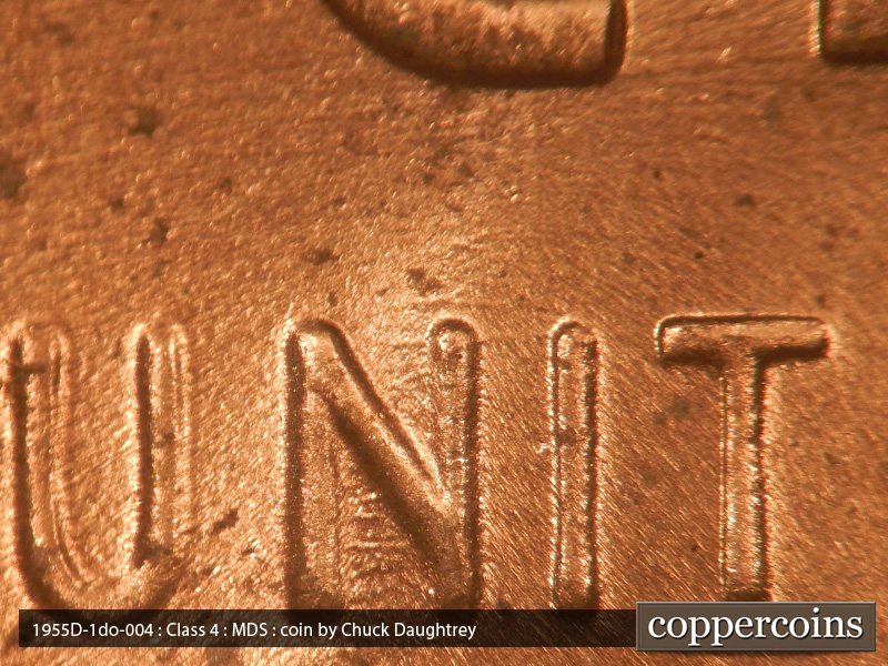Die-stage B marker on 1955D•1DO•004 (1955 Doubled Die Obverse).