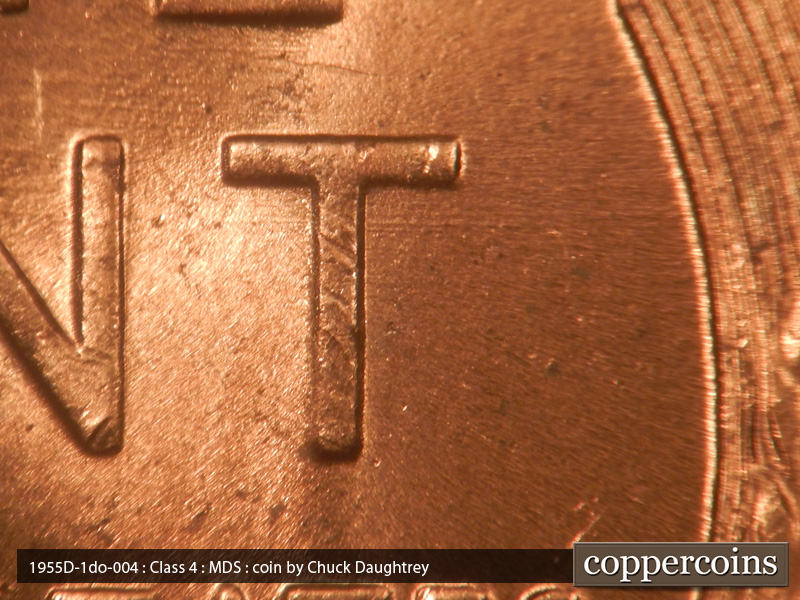 Die-stage B marker on 1955D•1DO•004 (1955 Doubled Die Obverse).