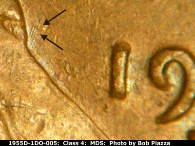 Die-stage B marker on 1955D•1DO•005 (1955 Doubled Die Obverse).