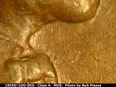 Die-stage B marker on 1955D•1DO•005 (1955 Doubled Die Obverse).
