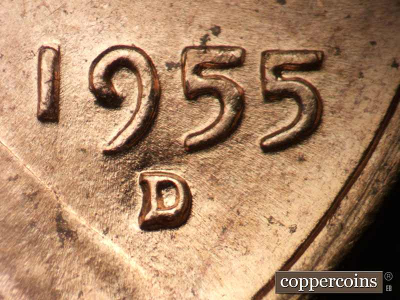 Die-stage A marker on 1955D•1DO•006 (1955 Doubled Die Obverse).