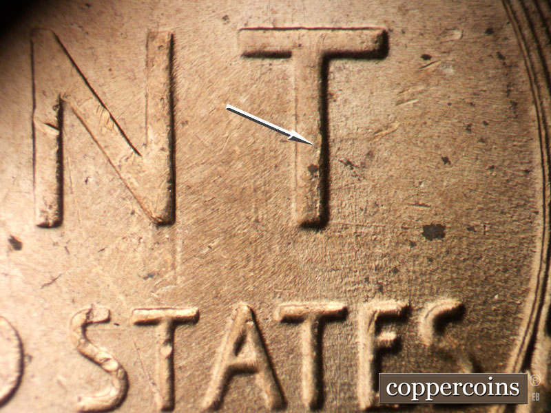 Die-stage A marker on 1955D•1DO•006 (1955 Doubled Die Obverse).