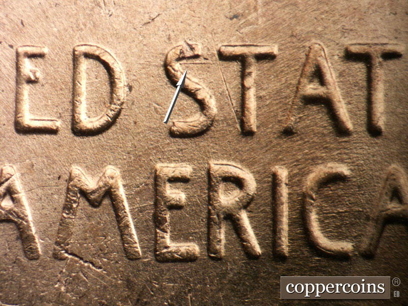 Die-stage A marker on 1955D•1DO•006 (1955 Doubled Die Obverse).