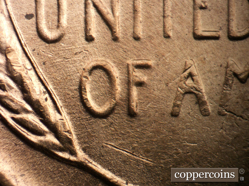 Die-stage A marker on 1955D•1DO•006 (1955 Doubled Die Obverse).