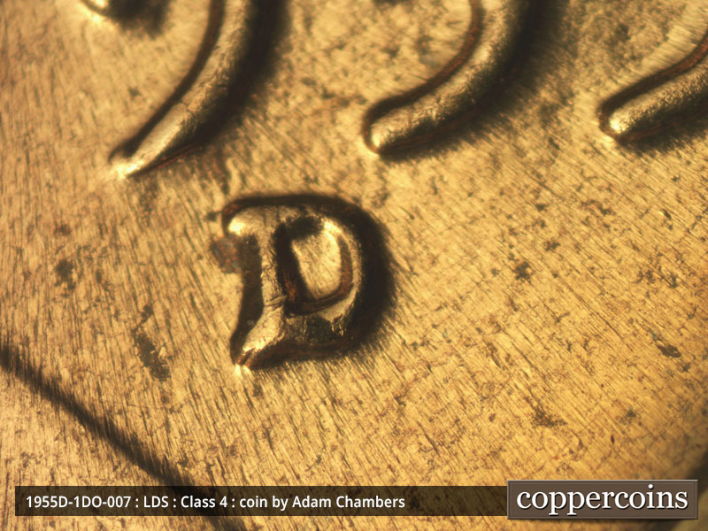Die-stage C marker on 1955D•1DO•007 (1955 Doubled Die Obverse).