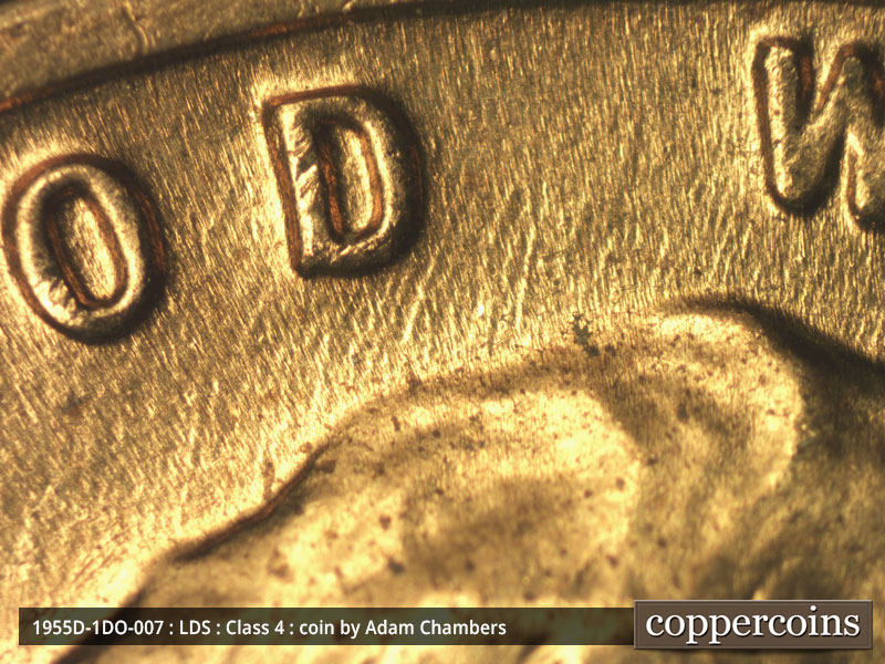 Die-stage C marker on 1955D•1DO•007 (1955 Doubled Die Obverse).