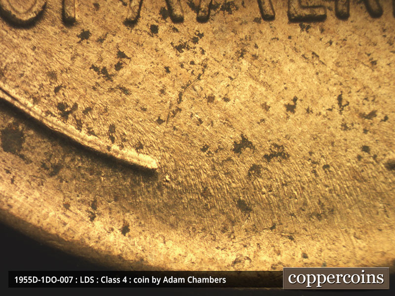 Die-stage C marker on 1955D•1DO•007 (1955 Doubled Die Obverse).