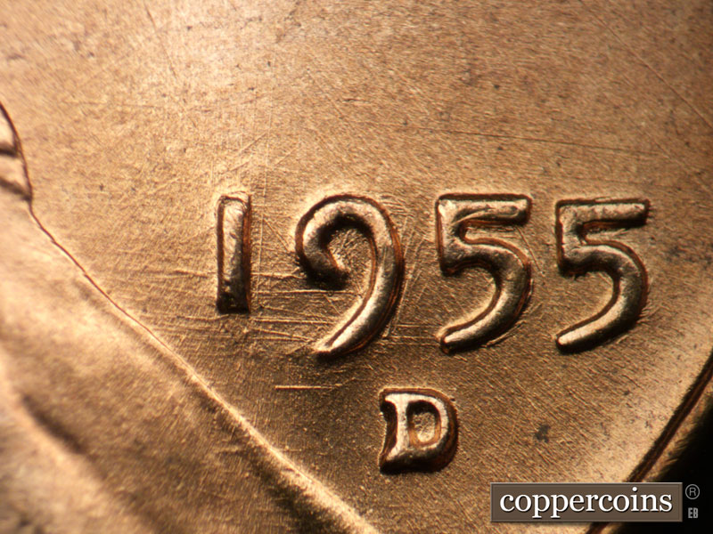 Die-stage B marker on 1955D•1DO•008 (1955 Doubled Die Obverse).