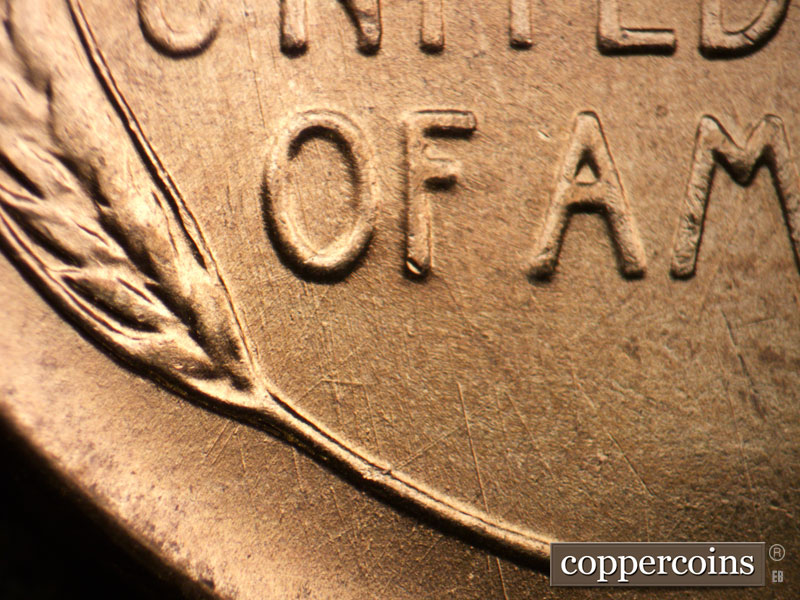 Die-stage B marker on 1955D•1DO•008 (1955 Doubled Die Obverse).