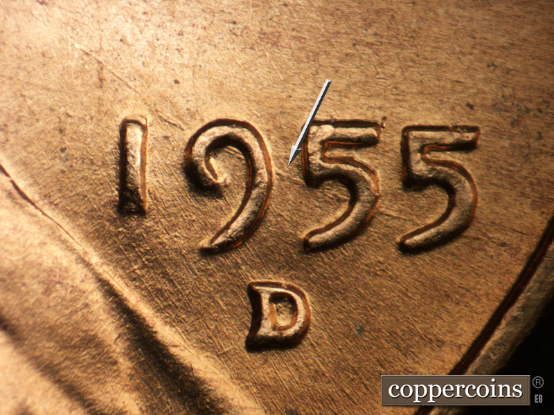 Die-stage B marker on 1955D•1DO•009 (1955 Doubled Die Obverse).