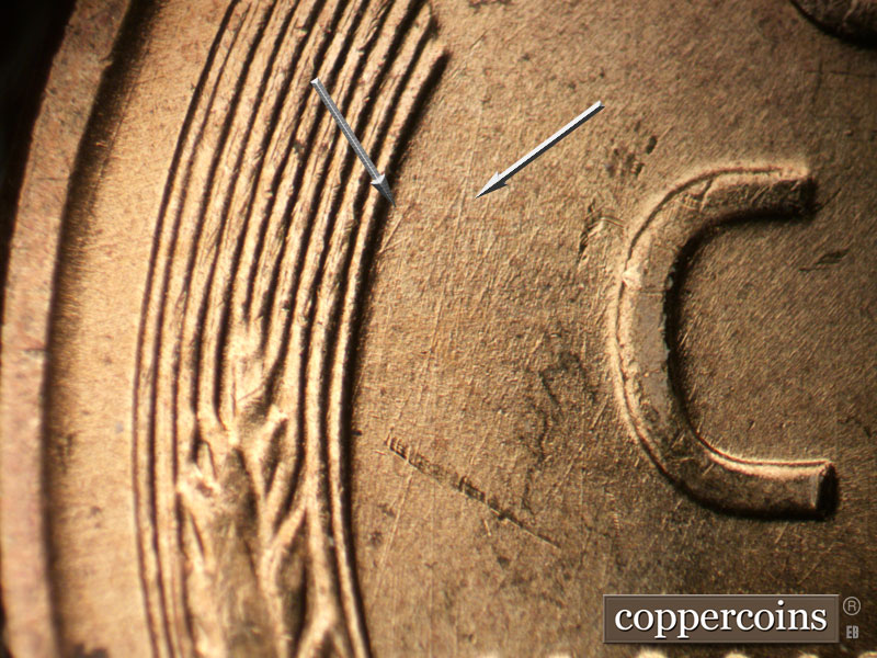 Die-stage B marker on 1955D•1DO•009 (1955 Doubled Die Obverse).
