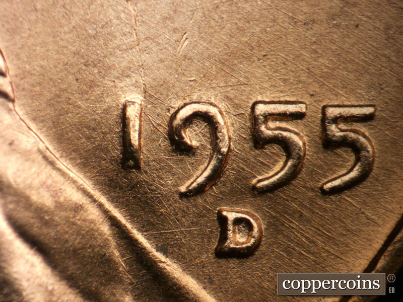 Die-stage B marker on 1955D•1DO•010 (1955 Doubled Die Obverse).