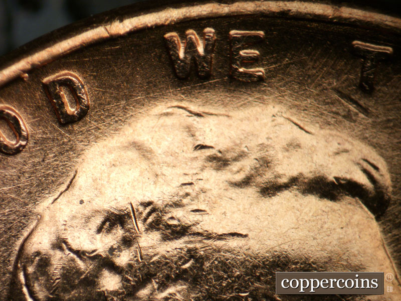 Die-stage B marker on 1955D•1DO•010 (1955 Doubled Die Obverse).