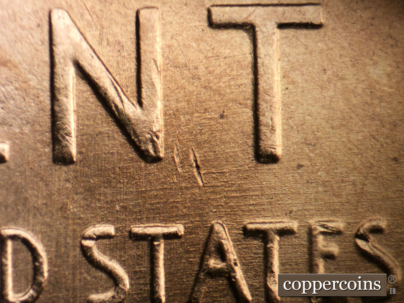 Die-stage B marker on 1955D•1DO•010 (1955 Doubled Die Obverse).