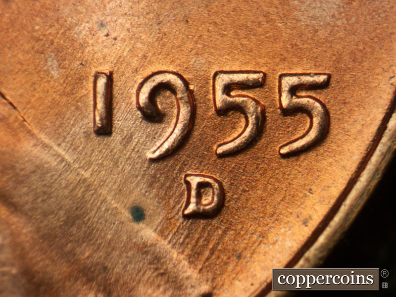 Die-stage B marker on 1955D•1DO•012 (1955 Doubled Die Obverse).